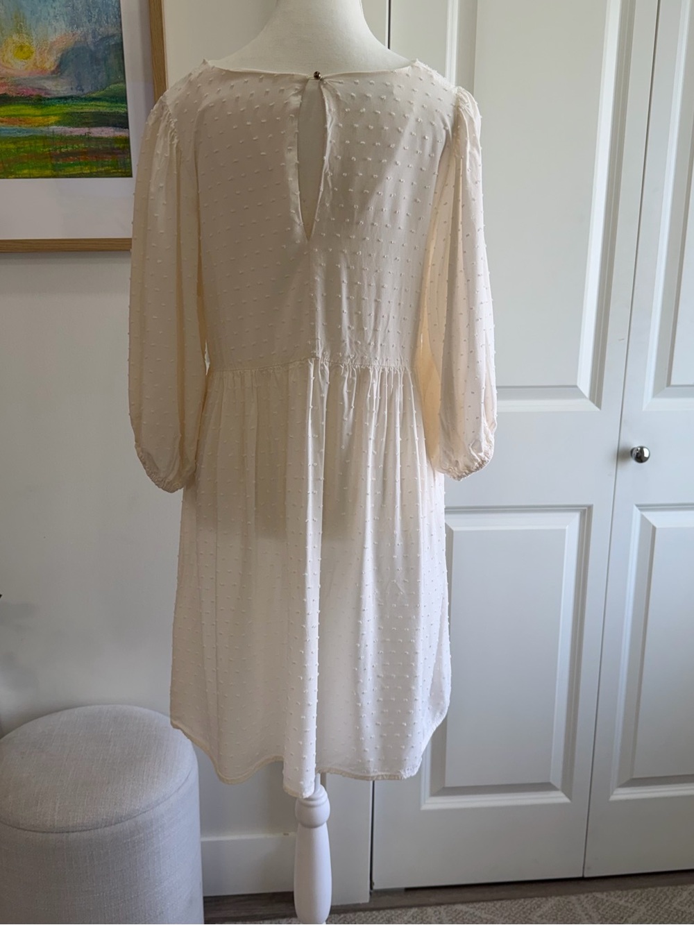 Monk & Lou Cream Swiss Dot Babydoll Dress V-Neck Balloon Sleeve Boho Ivory Small - Picture 3 of 8